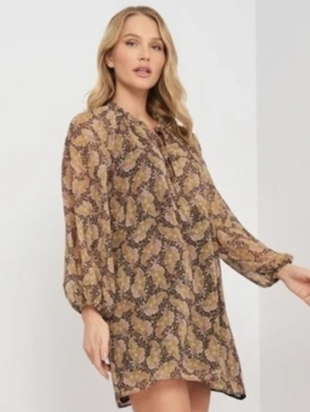 Zara Floral Paisley Long-Sleeve Tunic Dress in Brown Medium